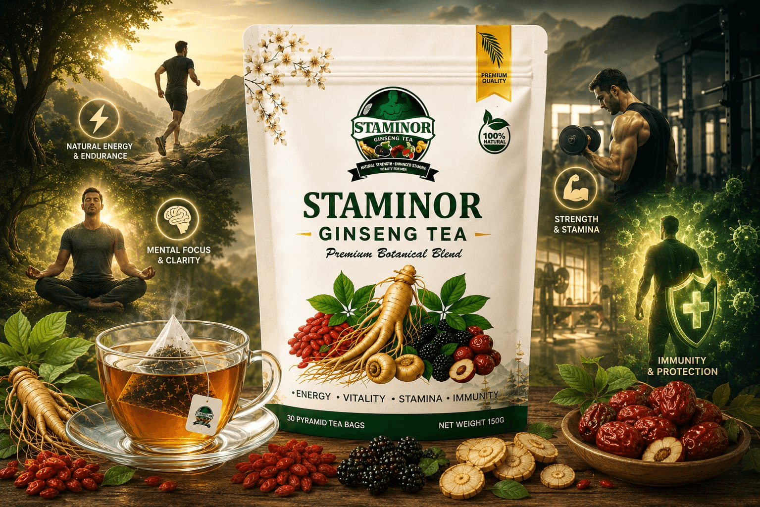 Staminor Ginseng Tea — natural energy and endurance, mental focus and clarity, strength and stamina, immunity and protection