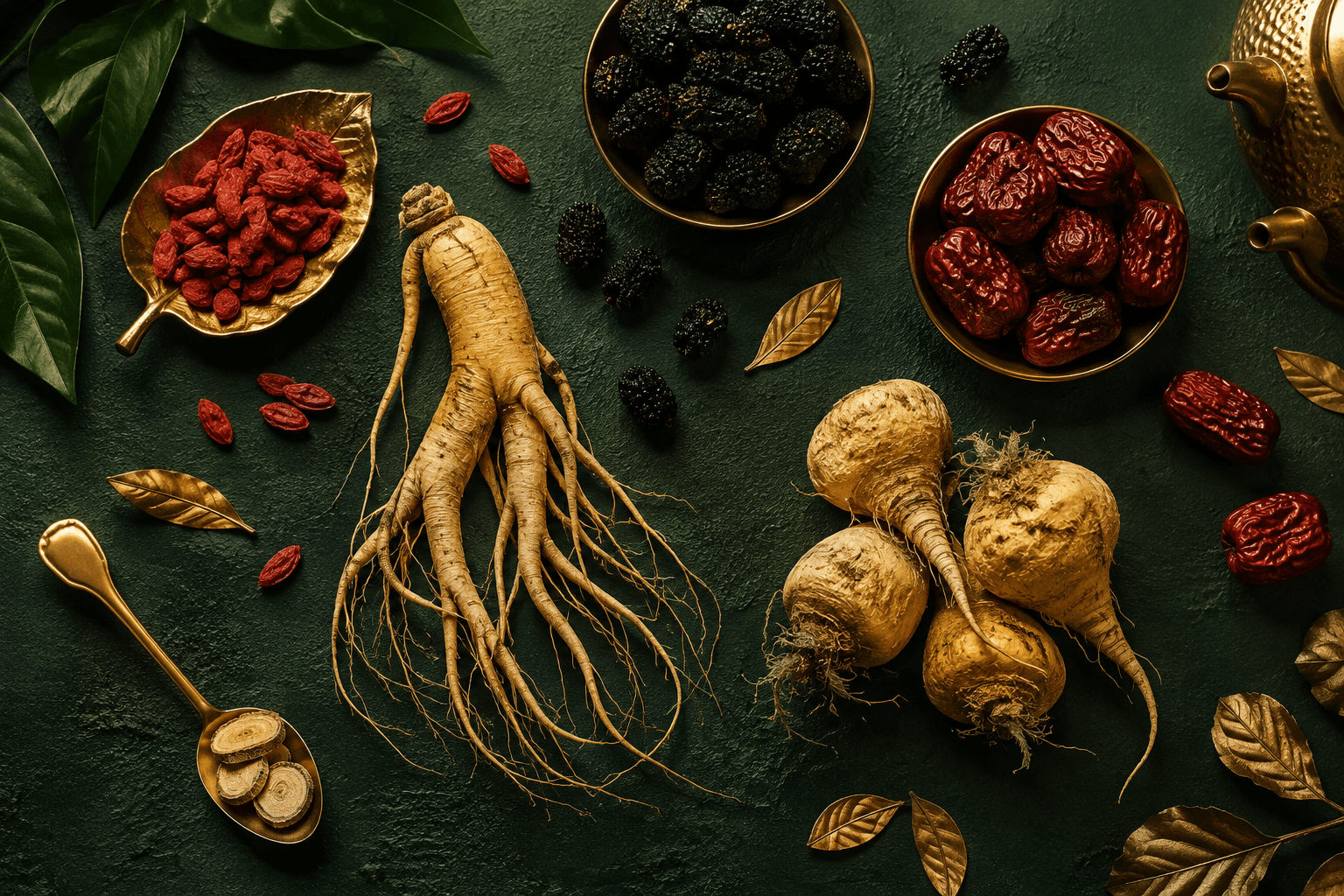 Ginseng root, goji berries, jujube dates and mulberries laid out on a dark green surface