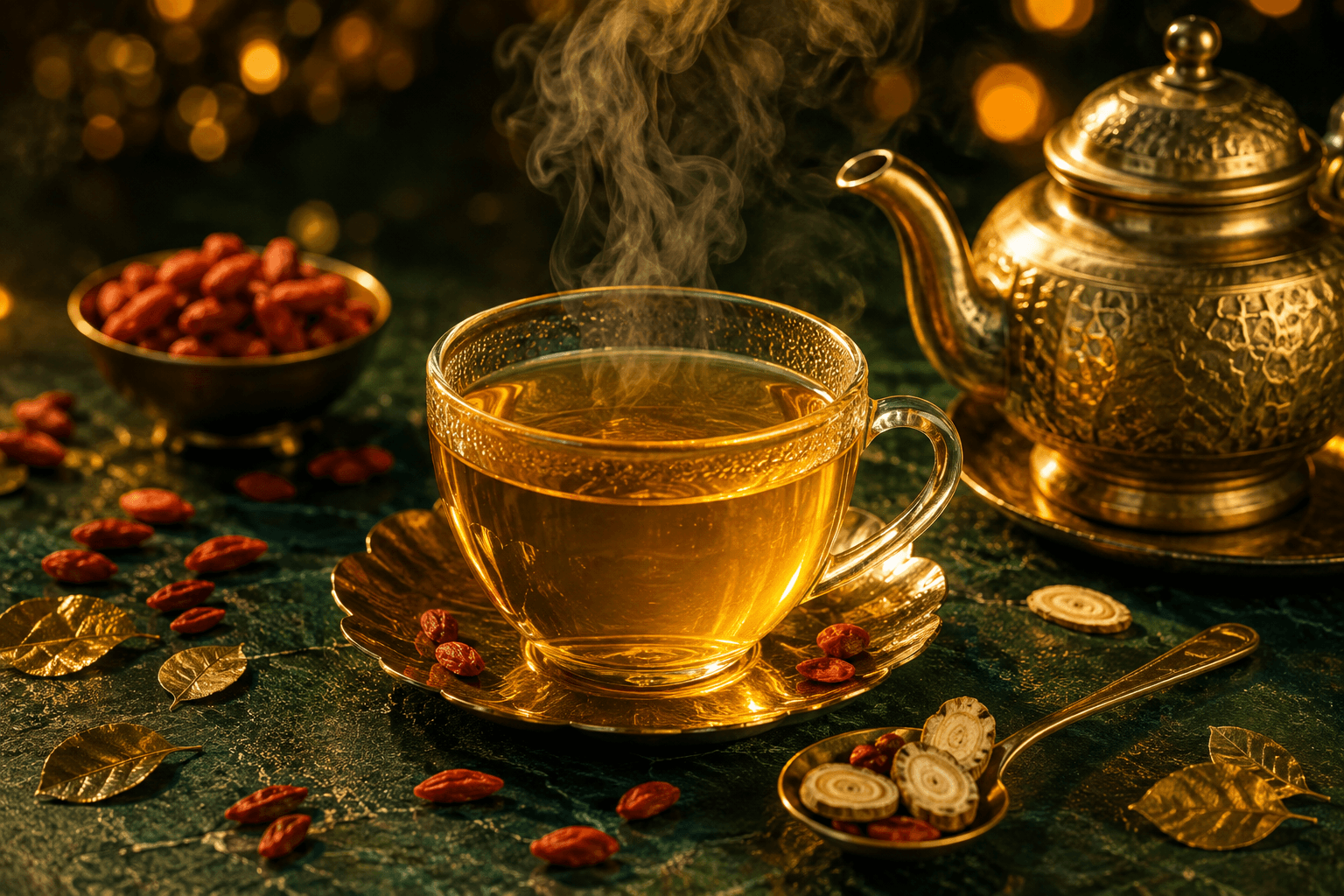 A freshly brewed cup of Staminor ginseng tea beside a gold teapot